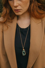 Gold Tone Long Length Maxi Raw Green Agate Pendant Necklace - Necklaces - British D'sire