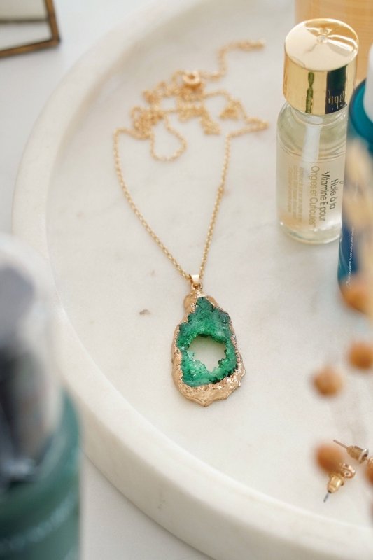 Gold Tone Long Length Maxi Raw Green Agate Pendant Necklace - Necklaces - British D'sire