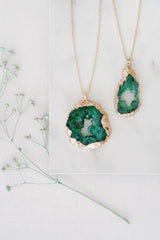 Gold Tone Long Length Maxi Raw Green Agate Pendant Necklace - Necklaces - British D'sire