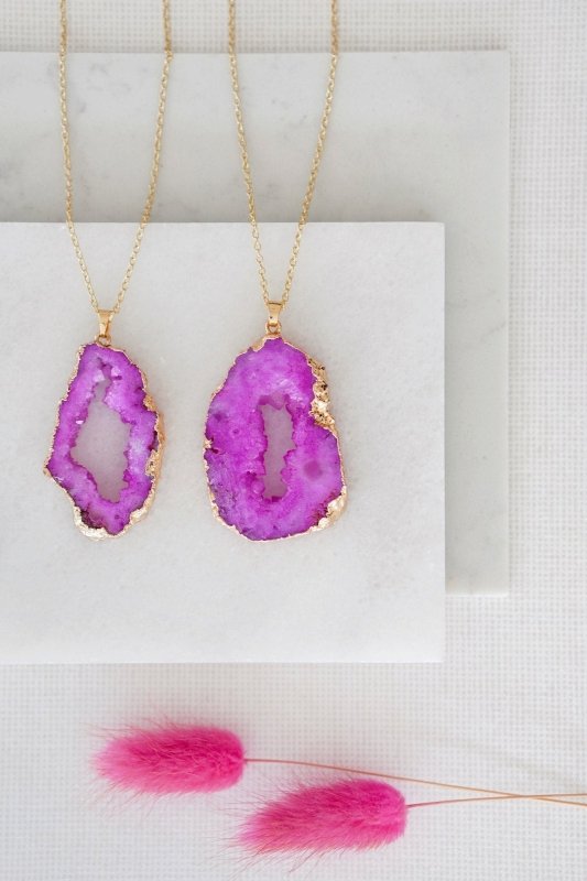 Gold Tone Long Length Maxi Raw Pink Agate Pendant Necklace - Necklaces - British D'sire