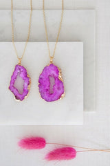 Gold Tone Long Length Maxi Raw Pink Agate Pendant Necklace - Necklaces - British D'sire