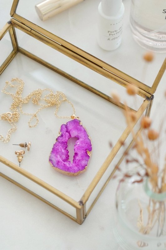 Gold Tone Long Length Maxi Raw Pink Agate Pendant Necklace - Necklaces - British D'sire