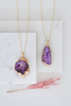 Gold Tone Long Length Maxi Raw Purple Agate Pendant Necklace - Necklaces - British D'sire