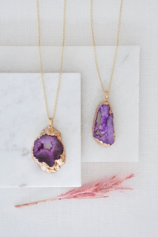 Gold Tone Long Length Maxi Raw Purple Agate Pendant Necklace - Necklaces - British D'sire