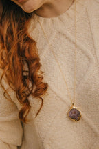 Gold Tone Long Length Maxi Raw Purple Agate Pendant Necklace - Necklaces - British D'sire