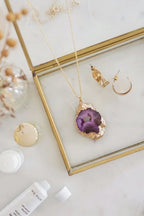Gold Tone Long Length Maxi Raw Purple Agate Pendant Necklace - Necklaces - British D'sire