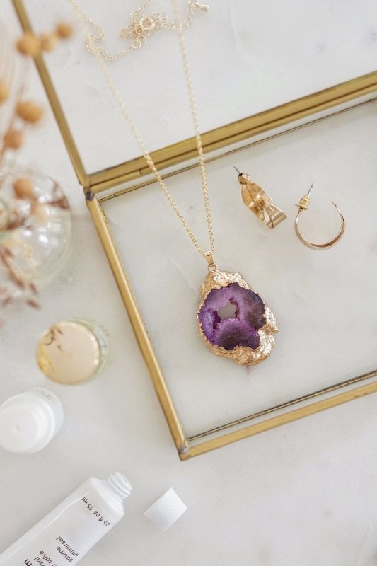 Gold Tone Long Length Maxi Raw Purple Agate Pendant Necklace - Necklaces - British D'sire