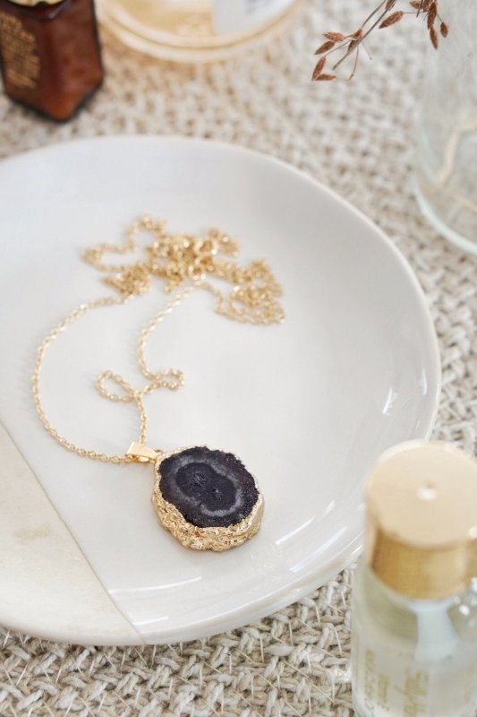 Gold Tone Long Length Mini Raw Black Agate Pendant Necklace - Necklaces - British D'sire