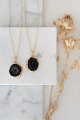 Gold Tone Long Length Mini Raw Black Agate Pendant Necklace - Necklaces - British D'sire
