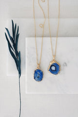 Gold Tone Long Length Mini Raw Blue Agate Pendant Necklace - Necklaces - British D'sire