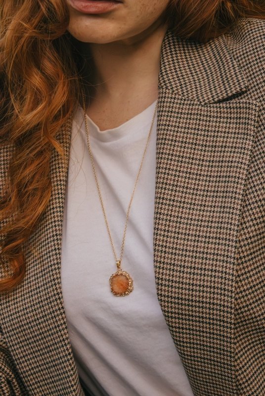 Gold Tone Long Length Mini Raw Orange Agate Pendant Necklace - Necklaces - British D'sire