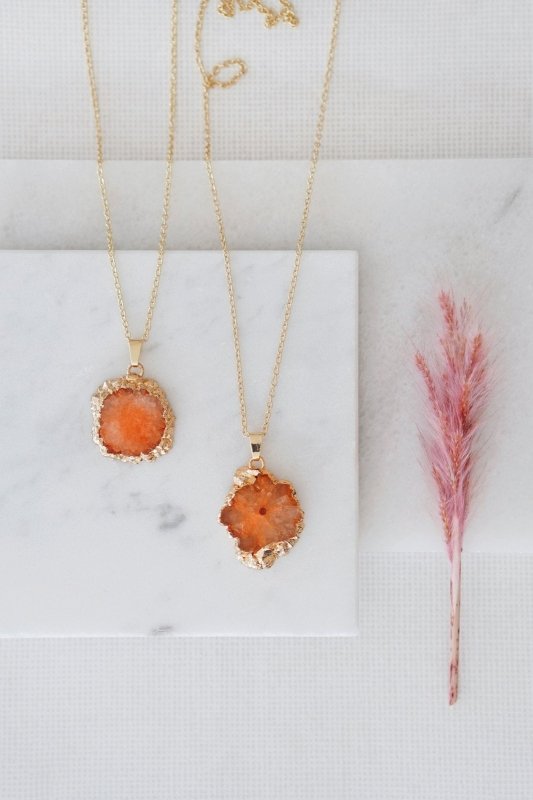 Gold Tone Long Length Mini Raw Orange Agate Pendant Necklace - Necklaces - British D'sire