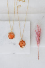 Gold Tone Long Length Mini Raw Orange Agate Pendant Necklace - Necklaces - British D'sire