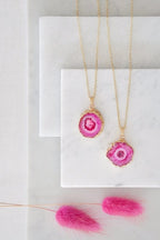Gold Tone Long Length Mini Raw Pink Agate Pendant Necklace - Necklaces - British D'sire
