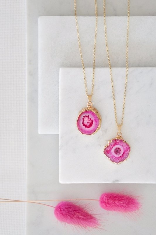 Gold Tone Long Length Mini Raw Pink Agate Pendant Necklace - Necklaces - British D'sire