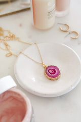 Gold Tone Long Length Mini Raw Pink Agate Pendant Necklace - Necklaces - British D'sire