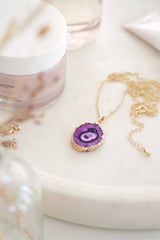 Gold Tone Long Length Mini Raw Purple Agate Pendant Necklace - Necklaces - British D'sire
