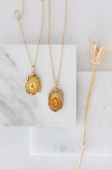 Gold Tone Long Length Mini Raw Yellow Agate Pendant Necklace - Necklaces - British D'sire