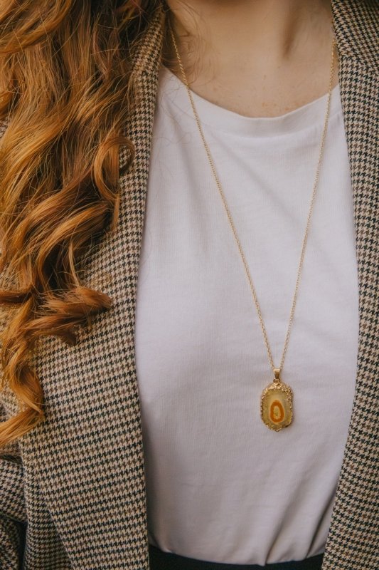 Gold Tone Long Length Mini Raw Yellow Agate Pendant Necklace - Necklaces - British D'sire