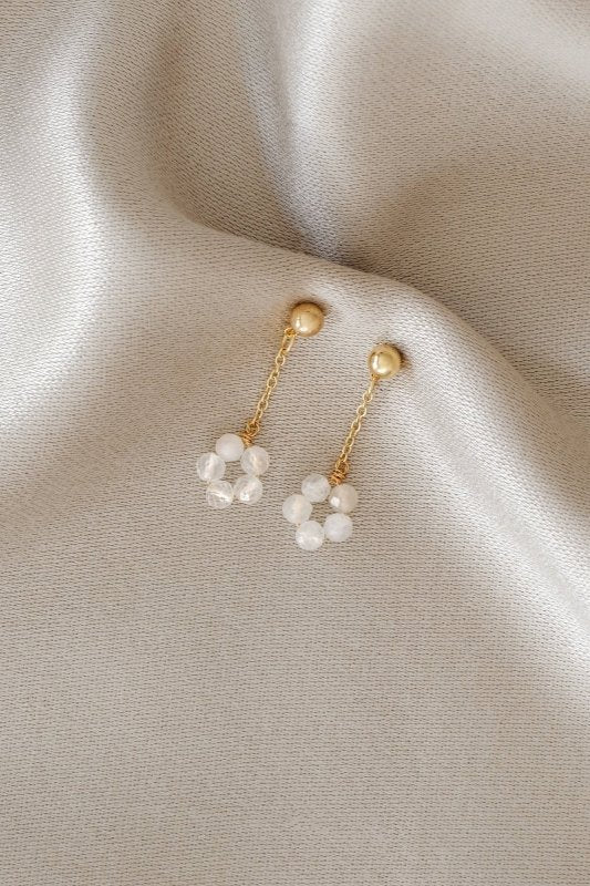 Gold Tone Moonstone Flower Crystal Earrings - Earrings - British D'sire Main image