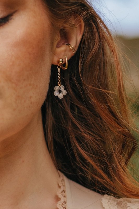 Xander Kostroma Gold Tone Moonstone Flower Crystal Earrings - 3 cm drop, 14K Gold Plated, Healing Moonstone, Unique, Elegant Crystal Jewelry, Perfect for Day-to-Night Wear, Intuition & Balance Benefits Secondary image