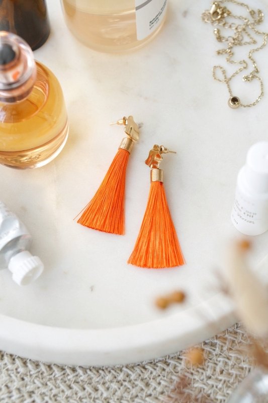 Xander Kostroma Gold Tone & Neon Orange Tassel Drop Earrings - 8 cm Drop, Handmade Statement Jewelry for Bold, Stylish Looks Secondary image