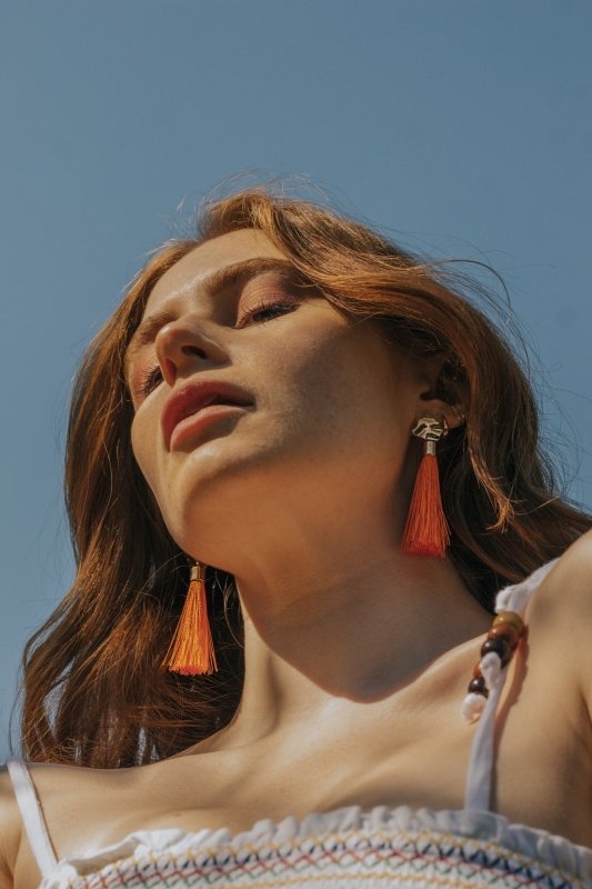 Gold Tone & Neon Orange Tassel Drop Earrings - Earrings - British D'sire Main image