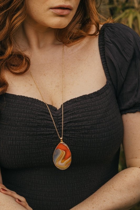 Gold Tone & Orange Agate Crystal Long Length Statement Necklace - Necklaces - British D'sire