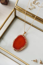 Gold Tone & Orange Agate Crystal Long Length Statement Necklace - Necklaces - British D'sire