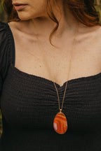 Gold Tone & Orange Agate Crystal Long Length Statement Necklace - Necklaces - British D'sire