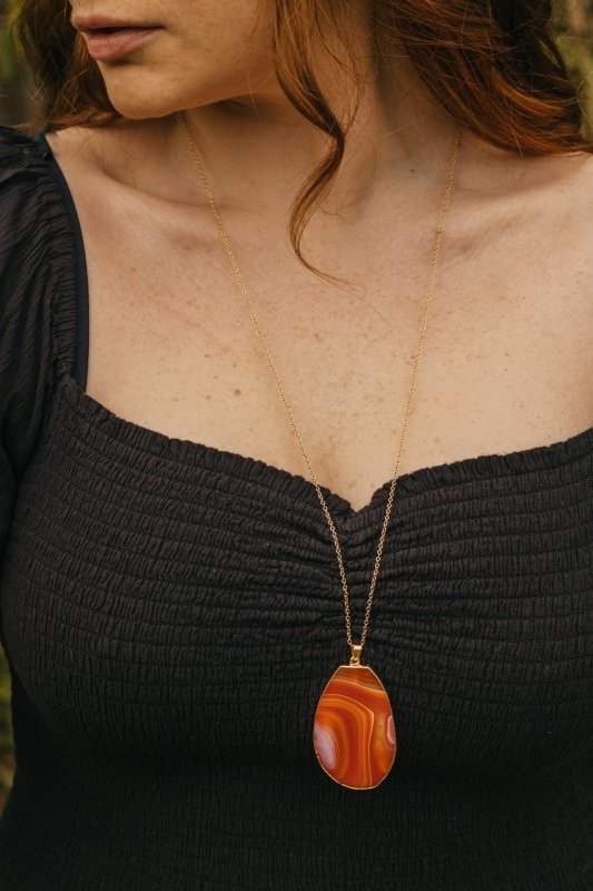 Gold Tone & Orange Agate Crystal Long Length Statement Necklace - Necklaces - British D'sire