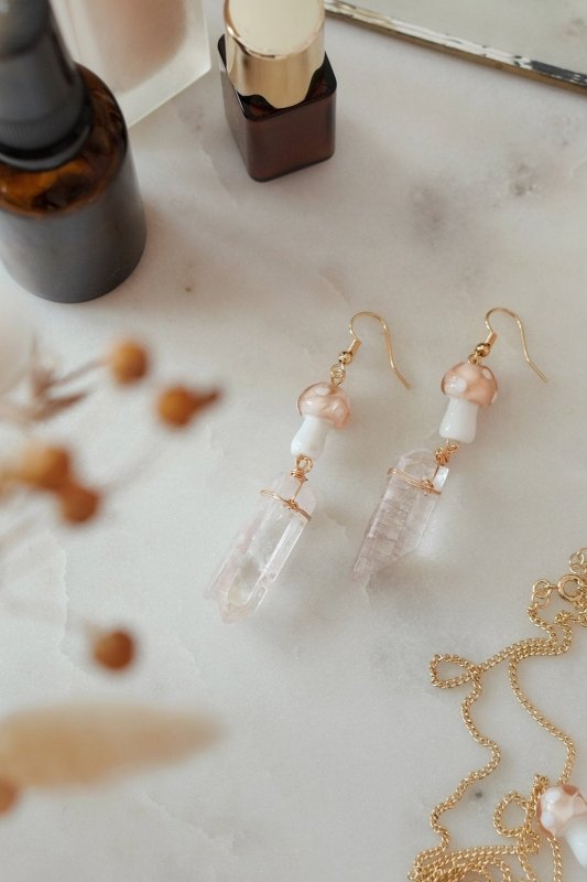 Gold Tone Peach Mushroom & Raw Quartz Earrings - Earrings - British D'sire Main image