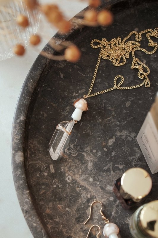 Gold Tone Peach Mushroom & Raw Quartz Pendant Necklace - Necklaces - British D'sire Main image