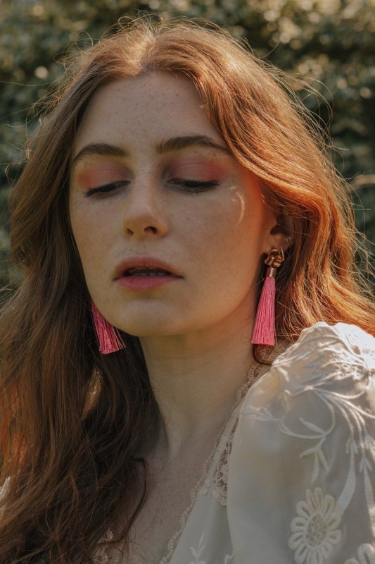 Gold Tone & Peach Pink Tassel Drop Earrings - Earrings - British D'sire Main image