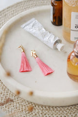 Gold Tone & Peach Pink Tassel Drop Earrings - Earrings - British D'sire