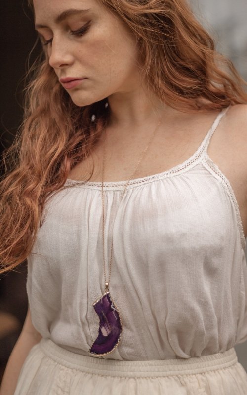 Gold Tone & Purple Agate Crystal Long Length Statement Necklace - Necklaces - British D'sire Main image