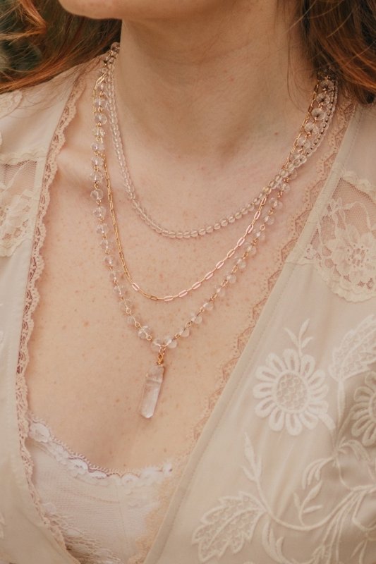 Gold Tone Quartz Stone & Chain Layered Necklace - Necklaces - British D'sire