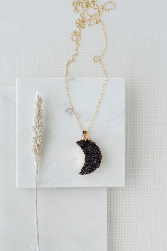 Gold Tone Raw Black Crystal Half Moon Necklace - Necklaces - British D'sire Main image