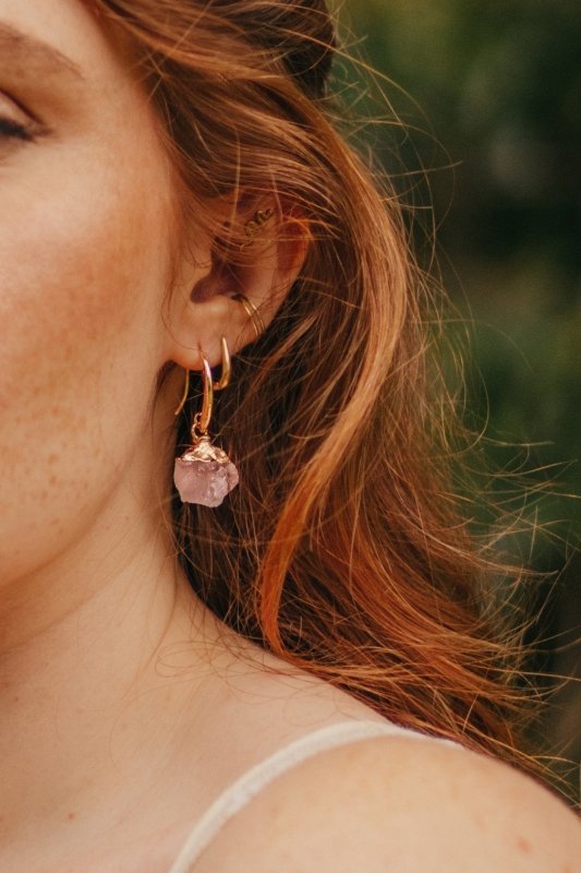 Xander Kostroma -Gold Tone Raw Cut Rose Quartz Rock Earrings(3.5cm Drop) –14ct Gold-Plated Fishhooks –For Love, Healing & Positive Energy Secondary image