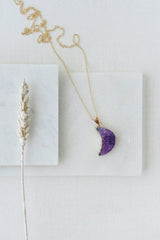 Gold Tone Raw Purple Crystal Half Moon Necklace - Necklaces - British D'sire