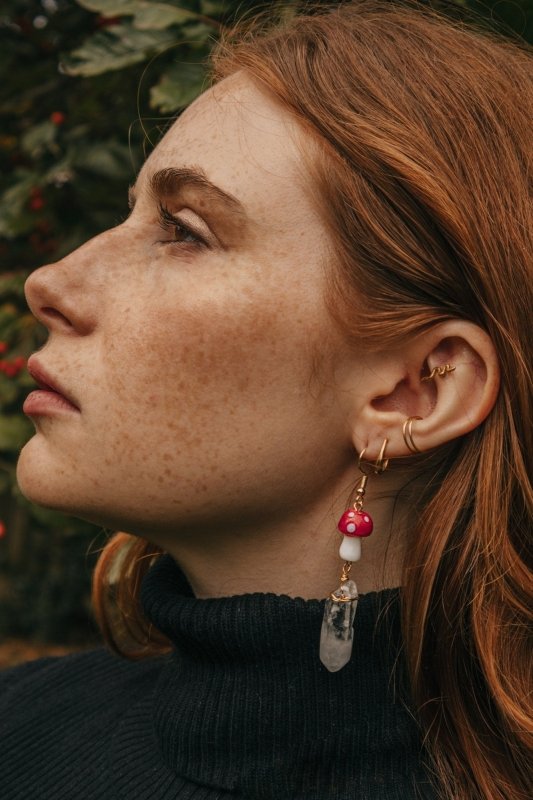 Xander Kostroma - Gold Tone Red Mushroom & Raw Quartz Earrings for Women - Enhances Healing and Style - Handcrafted Unique Jewelry - 7cm Length - Perfect Gift for Elegance and Balance Secondary image