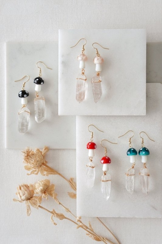 Gold Tone Red Mushroom & Raw Quartz Earrings - Earrings - British D'sire Main image