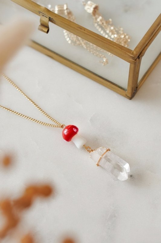 Gold Tone Red Mushroom & Raw Quartz Pendant Necklace - Necklaces - British D'sire Main image