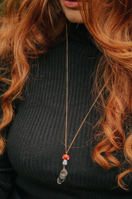 Xander Kostroma - Gold Tone Red Mushroom & Raw Quartz Pendant Necklace for Women - Enhances Healing and Style - Handcrafted Unique Jewelry - 68cm Length + Extension - Perfect Gift for Elegance and Balance Secondary image