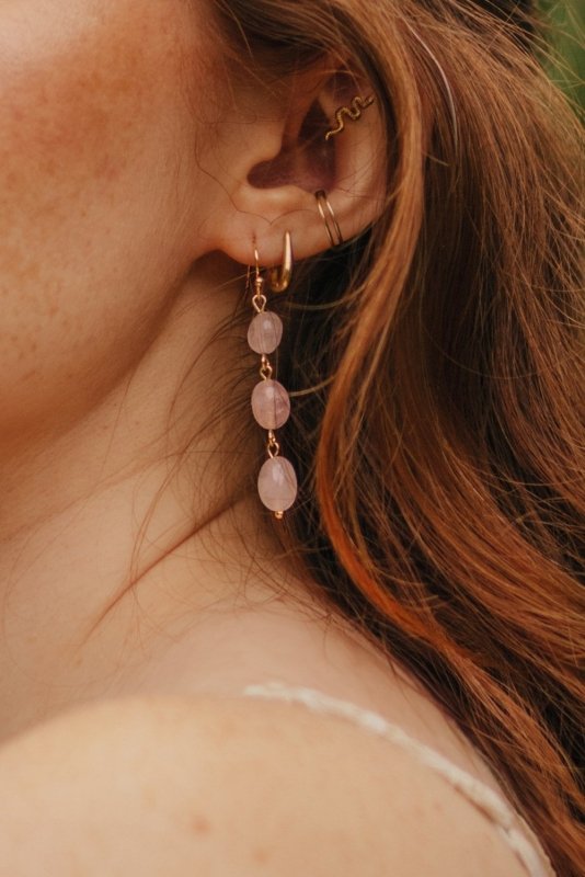 Xander Kostroma -Gold Tone Rose Quartz 3 Drop Earrings(5cm) –14ct Gold Plated Fishhooks - Handcrafted – To Enhance Love, Balance & Inner Healing Secondary image