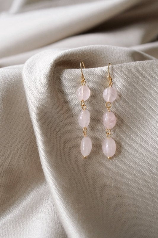 Gold Tone Rose Quartz 3 Drop Earrings - Earrings - British D'sire Main image