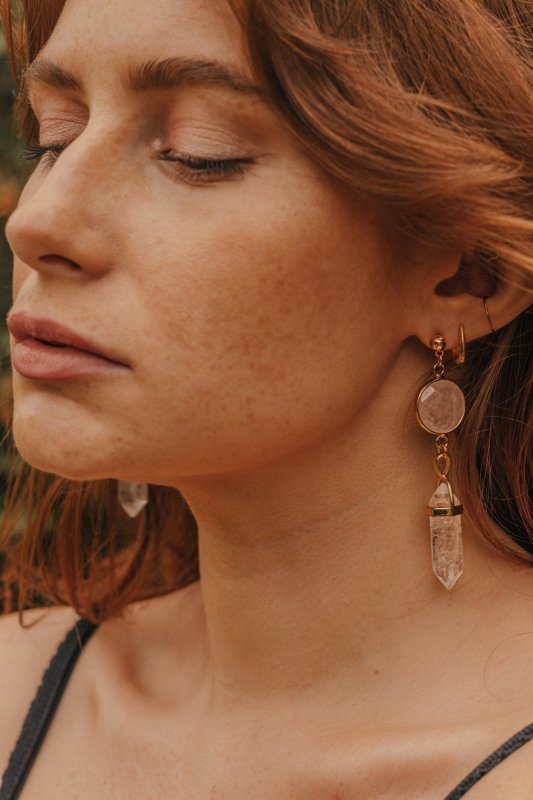 Gold Tone Rose Quartz & Clear Quartz Point Earrings - Earrings - British D'sire
