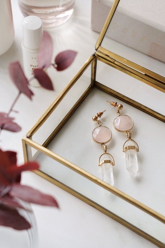 Gold Tone Rose Quartz & Clear Quartz Point Earrings - Earrings - British D'sire