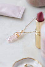 Gold Tone & Rose Quartz Crystal Point Necklace - Necklaces - British D'sire