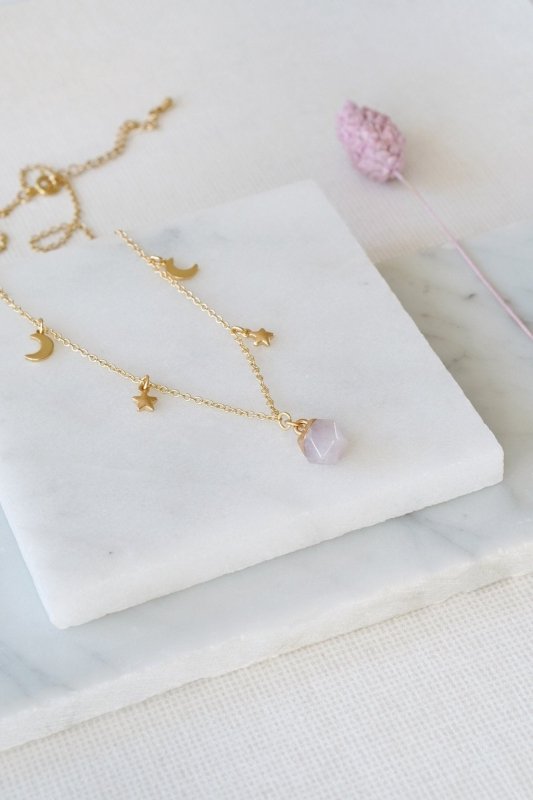 Gold Tone Rose Quartz Pendant Moon & Star Pendant Necklace - Necklaces - British D'sire Main image